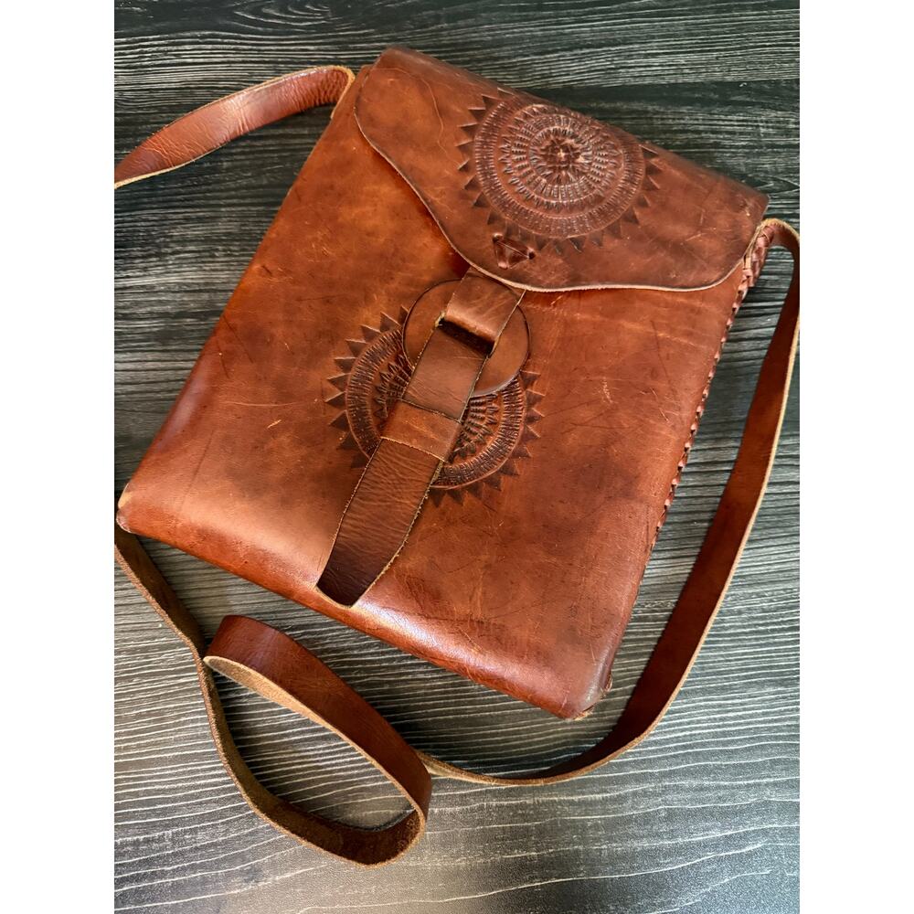 Vintage Genuine Threaded and Pressed Leather Rectangular Crossbody